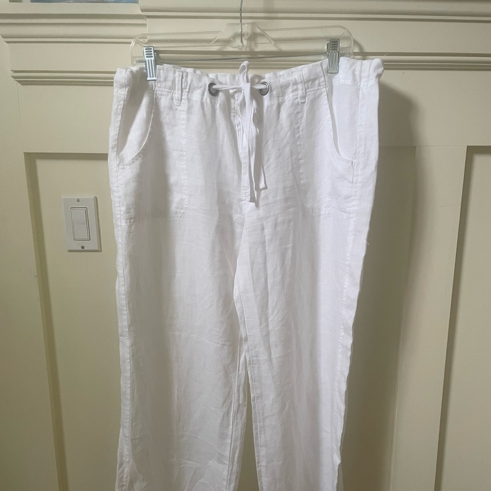 Elan White Linen Wide Leg Cropped Pants